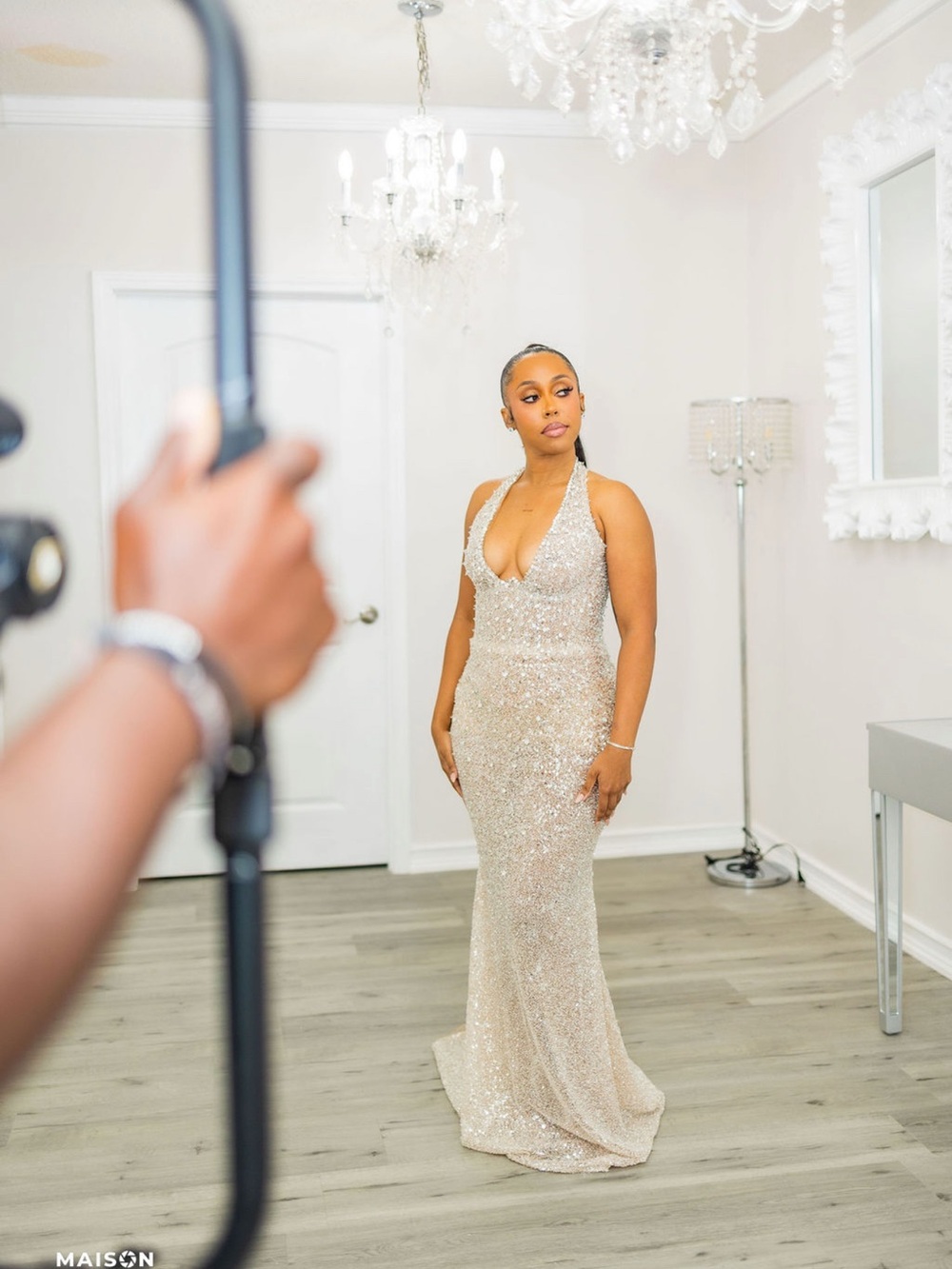 Sequin Halter Evening Gown - Champagne Sparkle